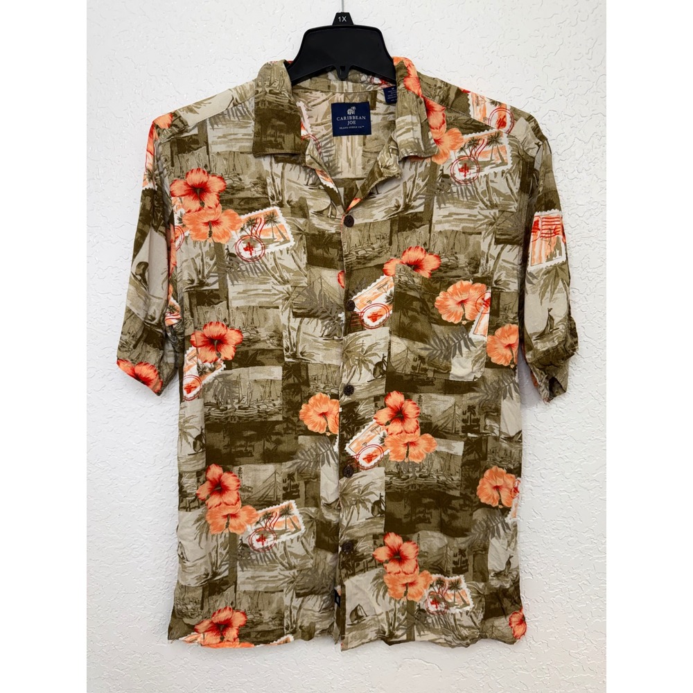 Caribbean Joe Mens Medium Rayon Tropical Hibiscus Floral Button Down Shirt Olive